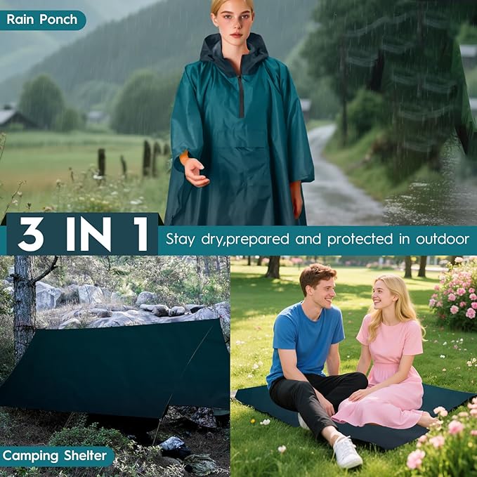 Bruvoalon 3-in-1 Rain Poncho with 1/4 Zip & Chest Pocket, Waterproof, Sunshade, Ground Mat for Adults & Youth Emergency