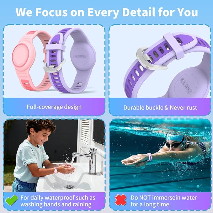 2-Pack Bracelet Compatible with AirTag for Kids, Waterproof Airtag Bracelet Full Coverage Protective Case Design Soft Silicone Hidden Air Tag Holder for Toddler Child Elderly (Pink+Purple)