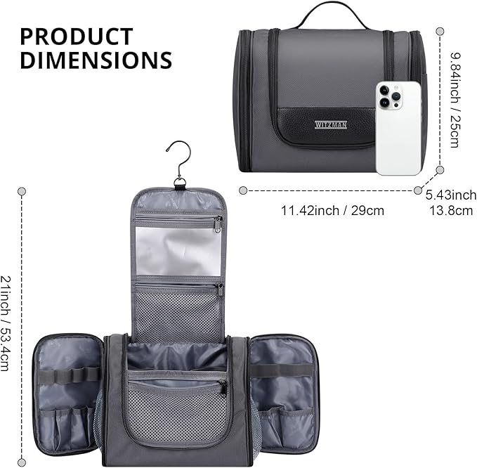 WITZMAN Toiletry Bag for Men Women Large Hanging Multi-organization Bathroom Bag Water-resistant Dopp Kit Shaving Bag Men(B690 Silvery Grey)