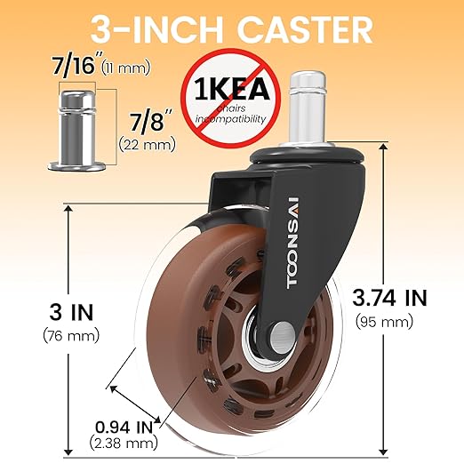 3 Inch Office Desk Chair Wheels Replacement, Computer Gaming Casters for Carpet, Stem 7/16-7/8 Set of 5 for Furniture Hardwood Hard Floors Chair Castors Tile Smooth Safe Quiet Rolling 660 LB, (Brown)