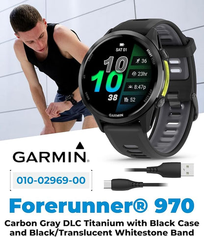 Wearable4U Garmin Forerunner 970 Carbon Gray DLC Titanium Smartwatch with Black Case and Black/Translucent Whitestone Band, AMOLED Display with Garmin HRM 600 S Power Bank Bundle