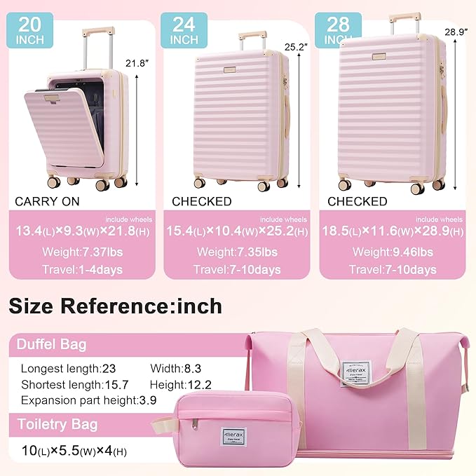 Merax Luggage Sets Front Opening, 3 Piece Hardshell Suitcase with Spinner Wheels and Bags,Lightweight Carry on Luggage with USB Port and Cup Holder,20+24+28,Pink