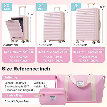 Merax Luggage Sets 5 Piece,Front Open Hardshell Expandable Suitcase with Spinner Wheels and Duffel Bags,Lightweight Carry on Luggage with USB Port and Cup Holder,20/24/28IN,Pink