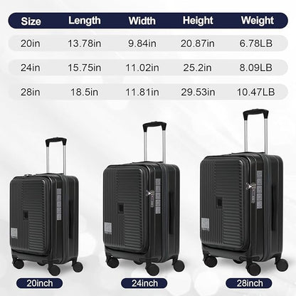 Merax Luggage Sets 3 Piece,Front Open PC Hardshell Expandable Carry on Suitcase with Spinner Wheels and TSA Lock,Lightweight 20in/24in/28in Luggage,Black-1