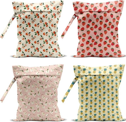 4 Pack Cute Fruit Wet Bag Waterproof Washable Reusable Wet Dry Bag for Swimsuit Clothes Cloth Diaper Travel Beach Pool Yoga Gym Toiletries Travel Beach Essentials Strawberry Pineapples
