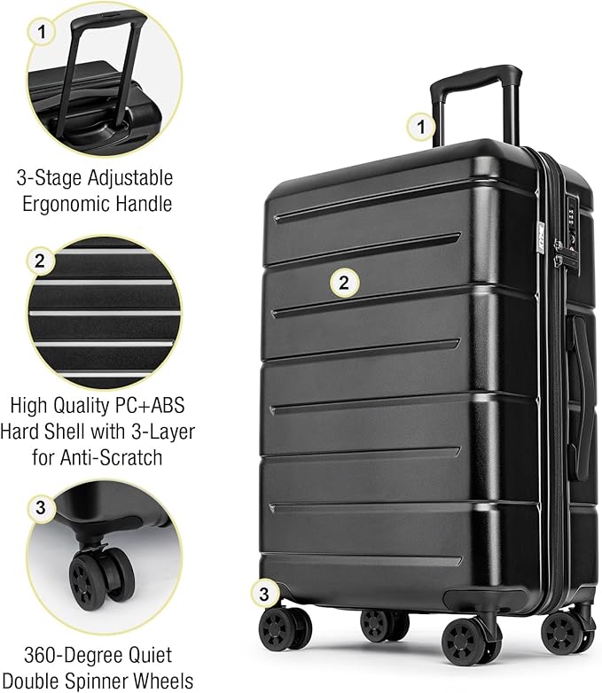 KYME Large Suitcases with Wheels Hardshell 28 Inch Luggage TSA Approved Big Checked Luggage Durable Travel Rolling Suitcase for Women Men Black
