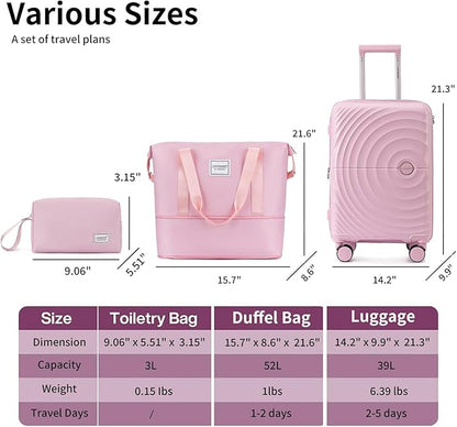 LARVENDER Carry On Luggage Set 22x14x9 Airline Approved, Expandable 20 Inch Carry-On Suitcases With Wheels, Lightweight Luggage Sets 3 Pieces With Duffel Bag, Light Pink