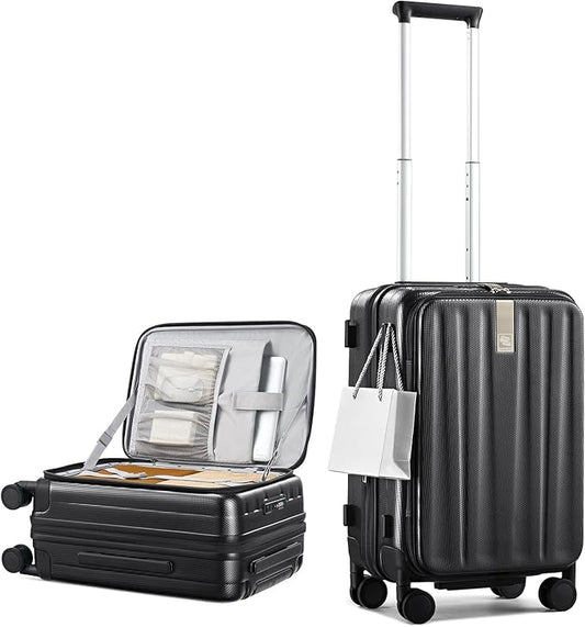 Hanke 20 Inch Expandable Carry On Luggage Airline Approved Top Opening Hard Shell Suitcases with Wheels Lightweight Travel Luggage Carry On Suitcase for Woman Men-Jet Black