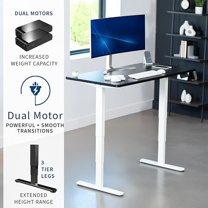 VIVO Electric 55 x 28 in Dual Motor Sit Stand Desk, Memory Height Adjustment, 2B Series, Black Top White Frame, DESK-KIT-2W55B