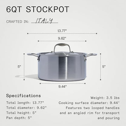 Made In Cookware - 6 Quart Stainless Steel Stock Pot With Lid - 5 Ply Stainless Clad - Professional Cookware - Crafted in Italy - Induction Compatible