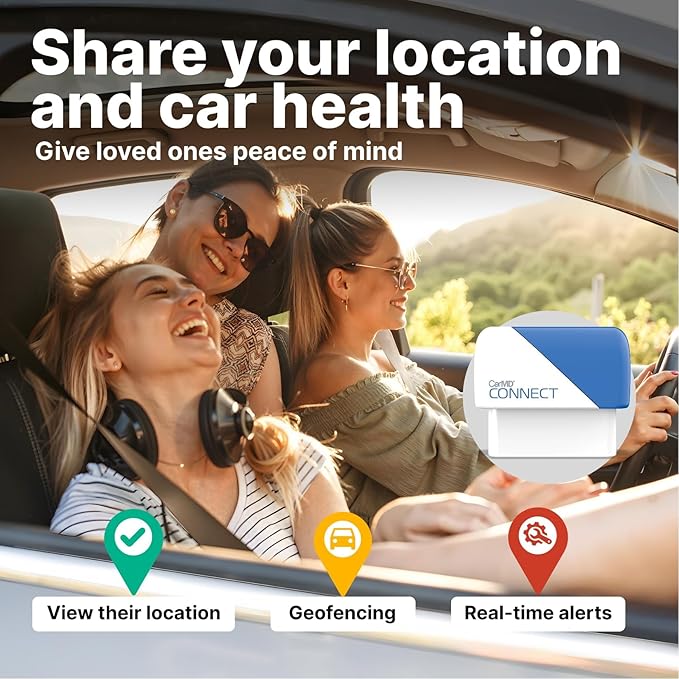 CarMD Connect – Real-Time Vehicle Location Sharing + Vehicle Health Monitoring | No Subscription | AI Auto Expert | Safety Alerts | Geofencing | Works on 1996+ OBDII Cars and Light Trucks