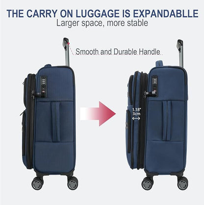 KROSER Softside Expandable Carry On Luggage with Front Business Pockets，20 Inch Suitcases with Spinner Wheels & Built-in TSA Lock, Durable Suitcase Rolling Luggage with USB Port, Navy