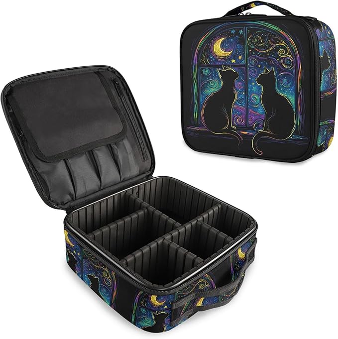 MNSRUU Travel Makeup Bag, Two Black Cats in A Window Women Makeup Case Organizer Cosmetic Toiletry Bag for Teenage Girl with Adjustable Dividers