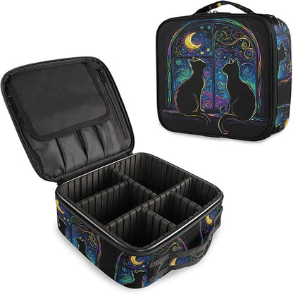 MNSRUU Travel Makeup Bag, Two Black Cats in A Window Women Makeup Case Organizer Cosmetic Toiletry Bag for Teenage Girl with Adjustable Dividers