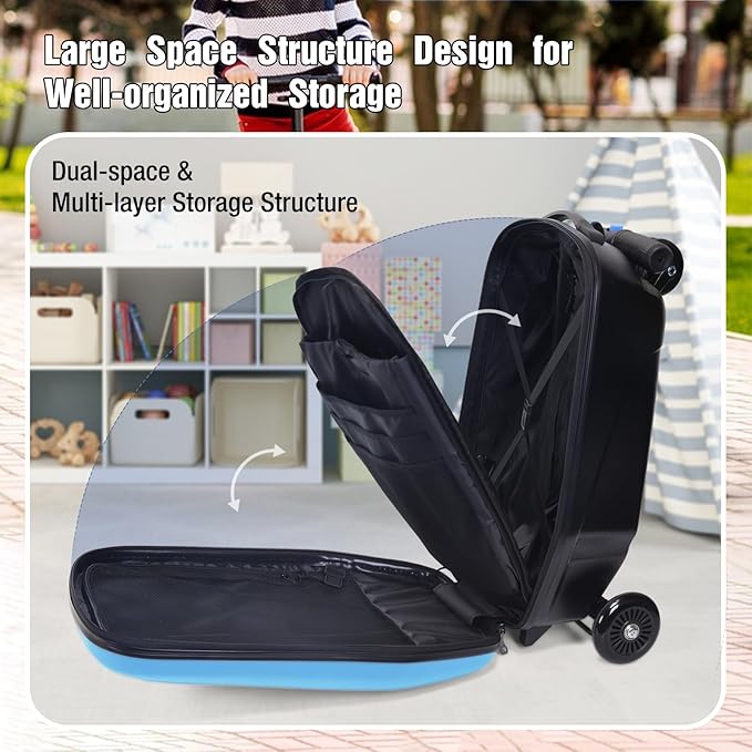 Apelila 20" Scooter Suitcase for Kids, 2-in-1 Ride On Luggage with Wheels for Boys & Girls Ages 4-15, Foldable Hardshell Carry On Lightweight Travel Suitcase for Airplane (Light Blue)
