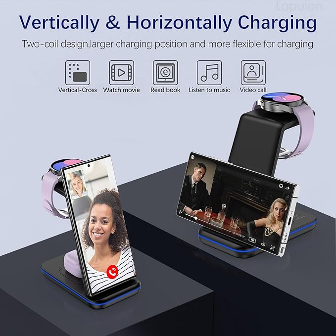 Wireless Charging Station for Samsung/Android, Fast Wireless Watch Charger Station Compatible for Samsung Galaxy S25 Ultra/S24/S23+/Z Flip 7/6 Fold 7/6, Watch8/7/Pro/Active 2 Galaxy Buds3/2 Pro(Black)