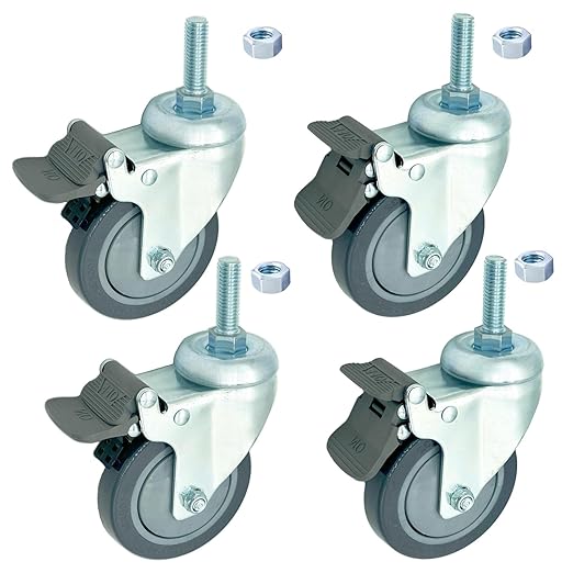4 inch Swivel Caster Wheels Heavy Duty with Nylon Brake, 1/2" x13-1-1/2 Threaded Stem Casters Set of 4, Polyurethane Grey PU Wheels for Hospital, Lab, Furnitures,Restaurant