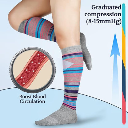 LIN PERFORMANCE Compression Socks for Women and Men 3 Pairs 8-15 mmHg Cotton Knee High Support Socks for Travel Sport
