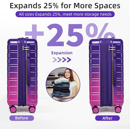 LARVENDER Luggage Sets 5 Piece Hardside Expandable Suitcase with Wheels Lock,PC+ABS Hardside Lightweight Rolling Suitcase for Women and Men,Midnight Berry