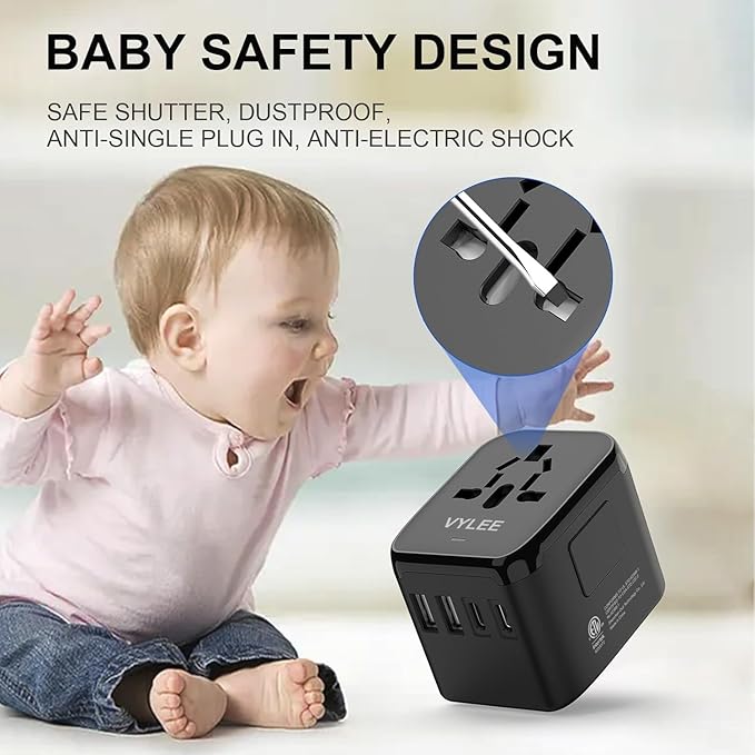 Universal Travel Adapter, VYLEE 5 in 1 International Power Adapter, 3.5A 2xUSB-A and 2xUSB C Wall Charger, Worldwide Travel Essentials Plug for Europe USA UK AUS Asia (Black)