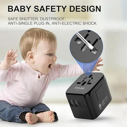 Universal Travel Adapter, VYLEE 5 in 1 International Power Adapter, 3.5A 2xUSB-A and 2xUSB C Wall Charger, Worldwide Travel Essentials Plug for Europe USA UK AUS Asia (Black)