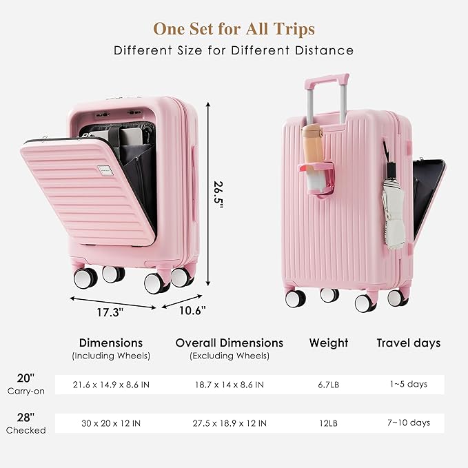 Merax 4-Piece Luggage Set with USB Charging Ports Suitcase with TSA Lock Travel Duffel Bag Wet-Dry Toiletry Bag, pink+Bag