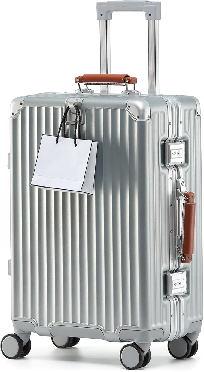 24 Inch Hardside Checked Luggage with Leather Handle, PC Zipperless Suitcase with Spinner Wheels and TSA Locks, Lightweight Checked Luggage for Travel, Silver