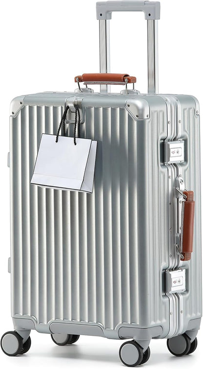 24 Inch Hardside Checked Luggage with Leather Handle, PC Zipperless Suitcase with Spinner Wheels and TSA Locks, Lightweight Checked Luggage for Travel, Silver