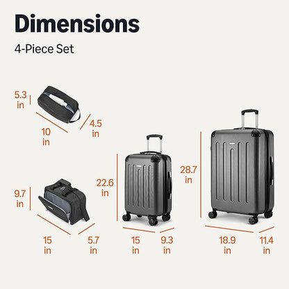 Amazon Basics 4-Piece Luggage Set, Including Two Hardside Suitcases With Multi-directional Spinner Wheels (22" Carry-On and 28" Checked), One 15-inch Tote Bag and One 10-inch Compact Travel Bag, Black