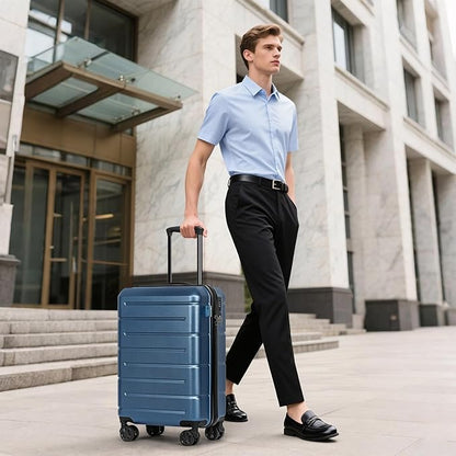 KYME Carry On Luggage 22x14x9 Airline Approved with Cup Holder Hardside Carry On Suitcase with Spinner Wheels TSA Lock Hardshell 22 inch Travel Rolling Luggage for Women Men Blue