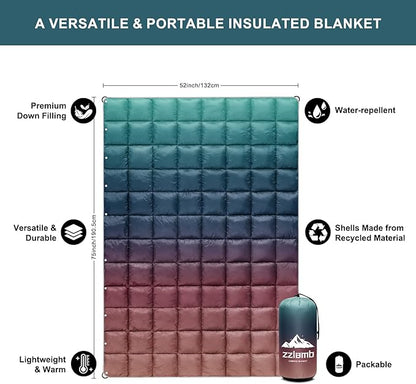 zzlamb Puffy Down Camping Blanket Water-Repellent, Down Throw Travel Blanket Portable for Outdoor, Light Warm Quilt for Couch Plane Car Theater Stadium Picnic RV Backpacking Hammock