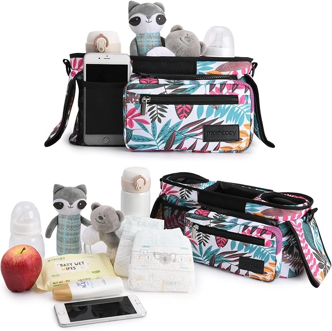 Momcozy Universal Stroller Organizer, 2 Insulated Cup Holders, Removable Zip Pocket, Adjustable Straps, Large Capacity Baby Essentials Compact Design, Fits Any Stroller (Multicolor)