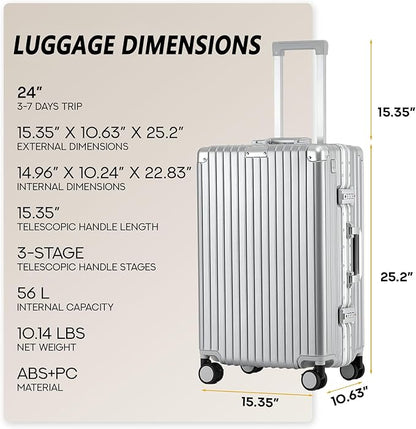 24 Inch Aluminum Frame Checked Travel Luggage with Spinner Wheels,Zipperless Hard Shell Suitcases with TSA Approved USB Port,Cup & Phone Holder for Women Men,Silver