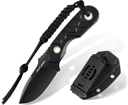 FLISSA Fixed Blade Knife, 7 Inch Full Tang Hunting Knife with Kydex Sheath and Emergency Rope, Tactical Knife for Survival, Camping, Hiking(Black)