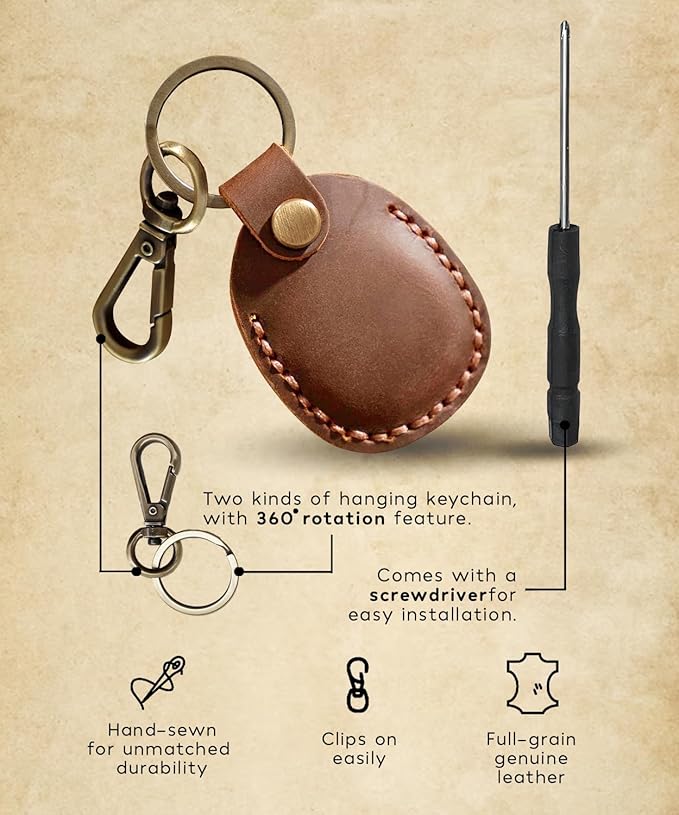 Genuine Leather AirTag Keychain Compatible with Apple AirTags Holder Leather Key Ring, Anti Lost Secure Keyring Case for Pet Collar Bag Travel, Protective Air Tag Key Chain Cover, 2 Pack Black/Brown