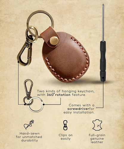 Genuine Leather AirTag Keychain Compatible with Apple AirTag Case Leather Key Ring. Anti Lost Anti Scratch Secure Key Chain Holder for Pet Collar Luggage Travel. Full Cover Protective Air Tag Keyring