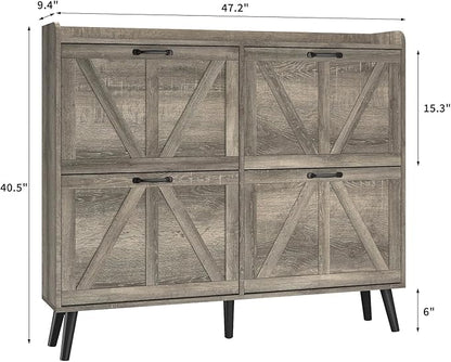 Shoe Cabinet with 4 Flip Drawers, Entryway Shoe Storage Cabinet Slim, Farmhouse Shoe Organizer Cabinet for Entryway, Narrow Hidden Shoe Cabinet with Wooden Legs, Washed Gray