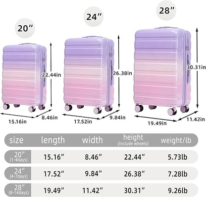 Campfun 3 Piece Luggage Sets, PC Gradient Color Suitcase Set with Double Spinner Wheels, Durable Carry On Luggage with Combination Lock, 20/24/28 inch, Purple+Pink