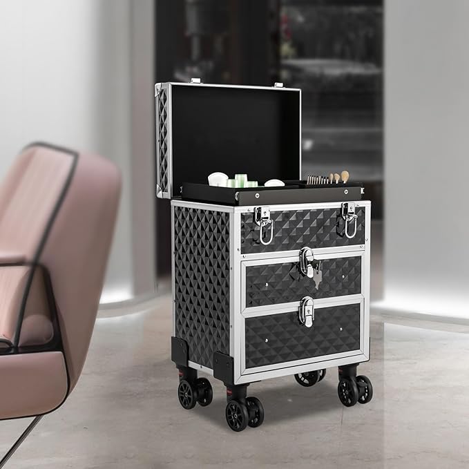 Aluminum Rolling Makeup Train Case, Portable Lockable Makeup Organizer Suitcase, Stylist Cosmetic Luggage Travel Trolley w/4 Removable Wheels & 2 Sliding Drawers
