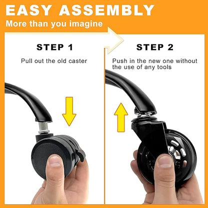 Office Chair Wheels for Casters Replacement - 3" Rubber Wheels for Computer Gaming Desk Caster Smooth & Safe Rolling for All Floors Including Hardwood and Carpet - Set of 5 - Black