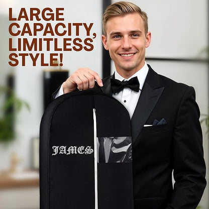 Personalized Garment bag for Groom Tuxedo - Embroidered Name Breathable Black Bag for Groomsmen with 2 Pockets for Hanging Clothes - Ideal for Groom Attire- Custom Suit Cover Bag with Carry Handles