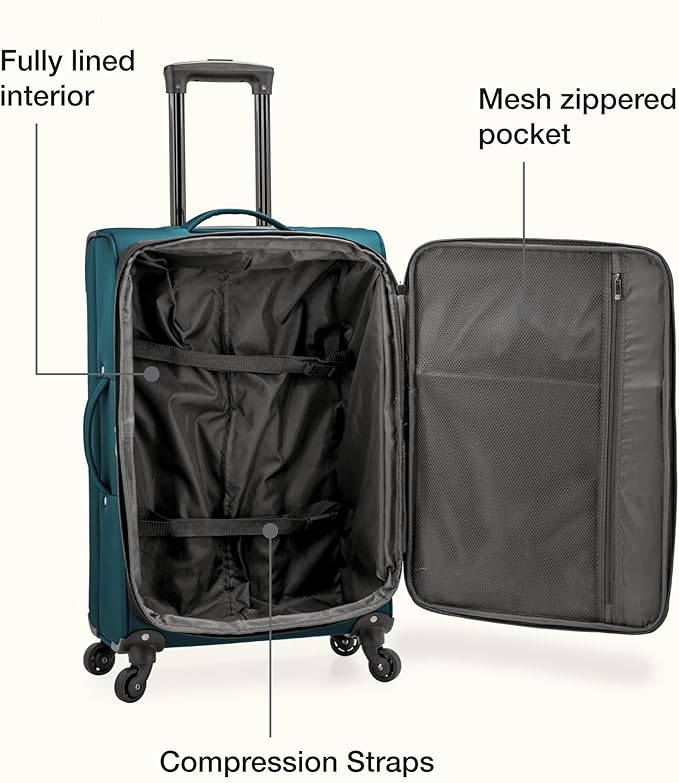 U.S. Traveler Anzio Softside Sturdy Ballistic Nylon Expandable Travel Suitcase Luggage with 4 Spinner Wheels, Teal, Checked-Medium 26-Inch