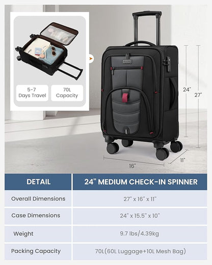 LOVEVOOK Business Softside Checked Luggage with 15.6/17.3 Inch Laptop Compartment, 24 Inch Checked Suitcase with Spinner Wheels Large Capacity Luggage with TSA Lock for Business Trip Travel Grey&Black