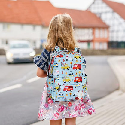 Kids Backpack for Girls Boys - 15 Inch Cute Cars Little Kids Backpack Waterresistant Toddler Preschool Kindergarten School Bag for Aged 3-8, Light Blue