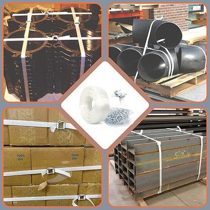 Composite Polyester Cord Strapping Kit, 3/4" x 330' Composite Polyester Cord Strapping Roll with 50 Pack Metal Wire Buckles, 2400 lbs Break Strength