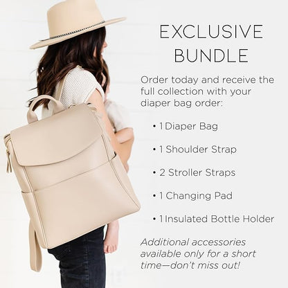 MIA + SOPHIA Leather Diaper Bag Backpack with USB Charging port, Changing Pad, Stroller Straps, and Bottle Holder (Beige Olivia)