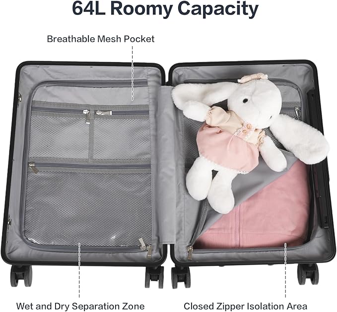 smilesun 22" Carry On Luggage with Seat For Kids & Adults，Hardside Ride On Suitcase Front Opening with 360°Spinner and TSA Lock For Travel (Black with Front Open, 22")