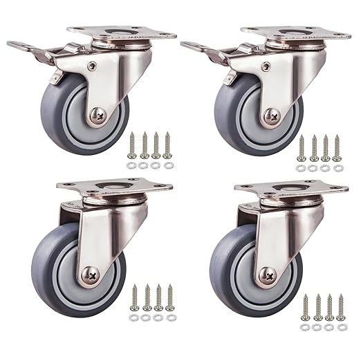 2 Inch Stainless Steel Caster Wheels Set of 4, Rustproof 360° Swivel Casters with Brake, Silent and Floor-FriendlyThermoplastic Rubber Wheels for Furnitures,Labs,Hospitals,Restaurants