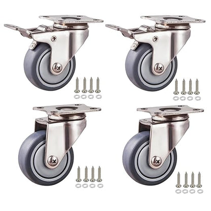 2 Inch Stainless Steel Caster Wheels Set of 4, Rustproof 360° Swivel Casters with Brake, Silent and Floor-FriendlyThermoplastic Rubber Wheels for Furnitures,Labs,Hospitals,Restaurants