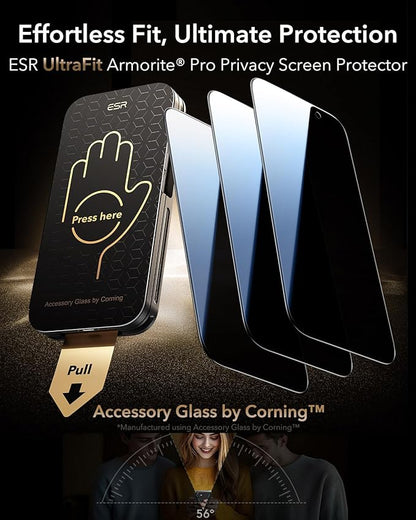 ESR Accessory Glass by Corning™ 3 Pack 9H+ Glass for iPhone 16/15 Privacy Screen Protector, Military Grade Shatterproof & Durable with UltraFit Tray